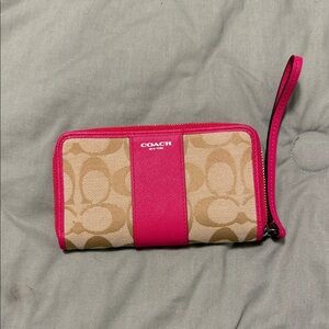 Coach Tan Canvas Wallet with Hot Pink Trim and Wrist Strap